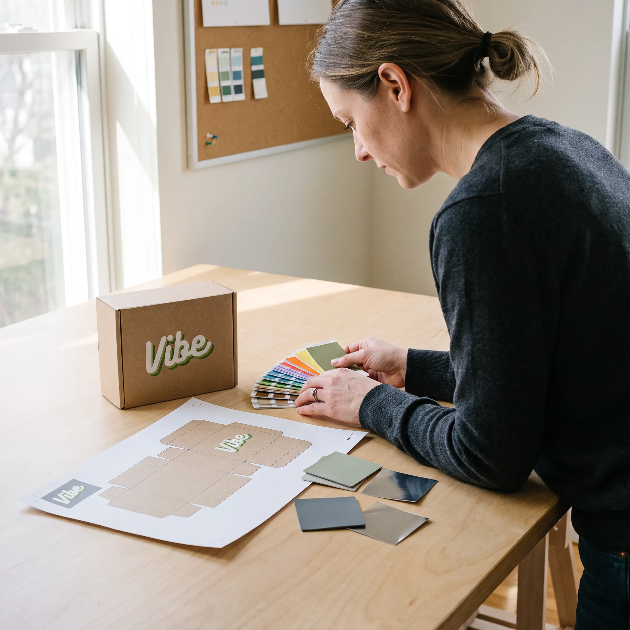 Designer reviewing custom hemp box artwork and samples