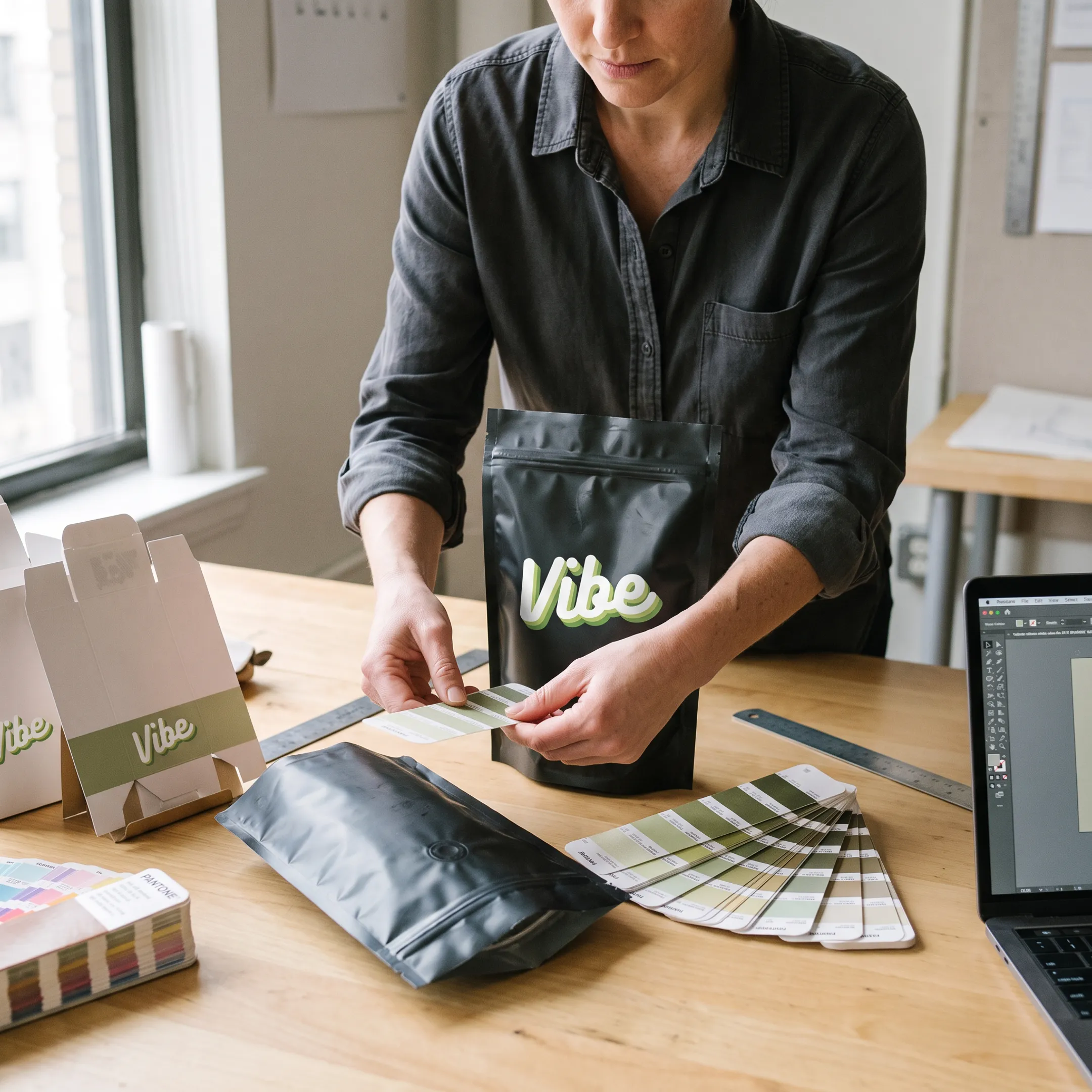 Designer reviewing custom Mylar bag packaging