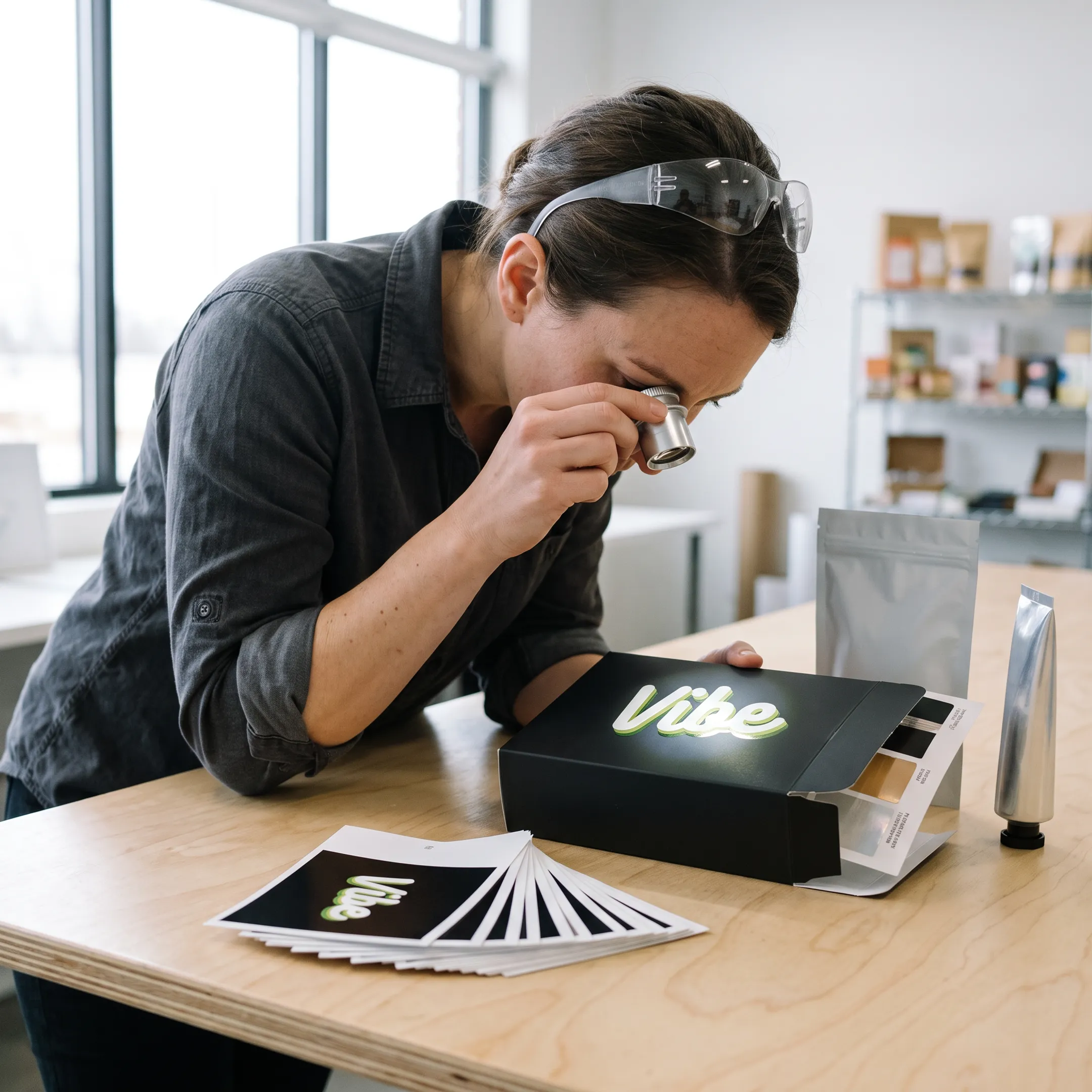 Designer reviewing custom cannabis packaging artwork