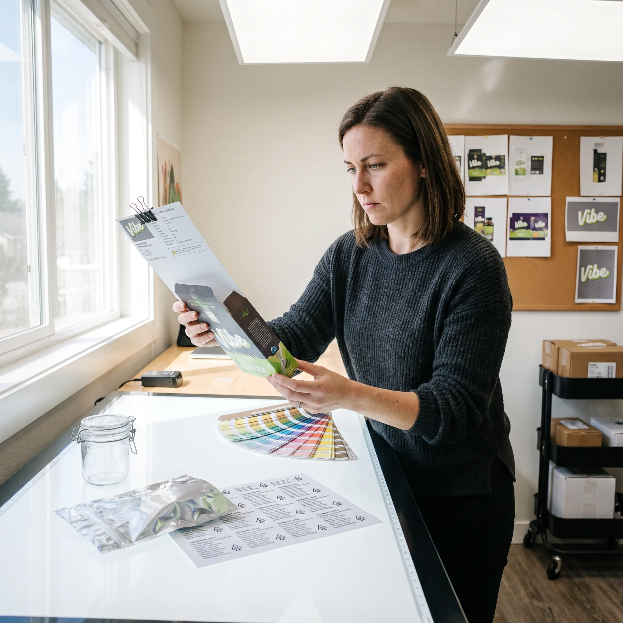 Designer reviewing custom cannabis packaging samples