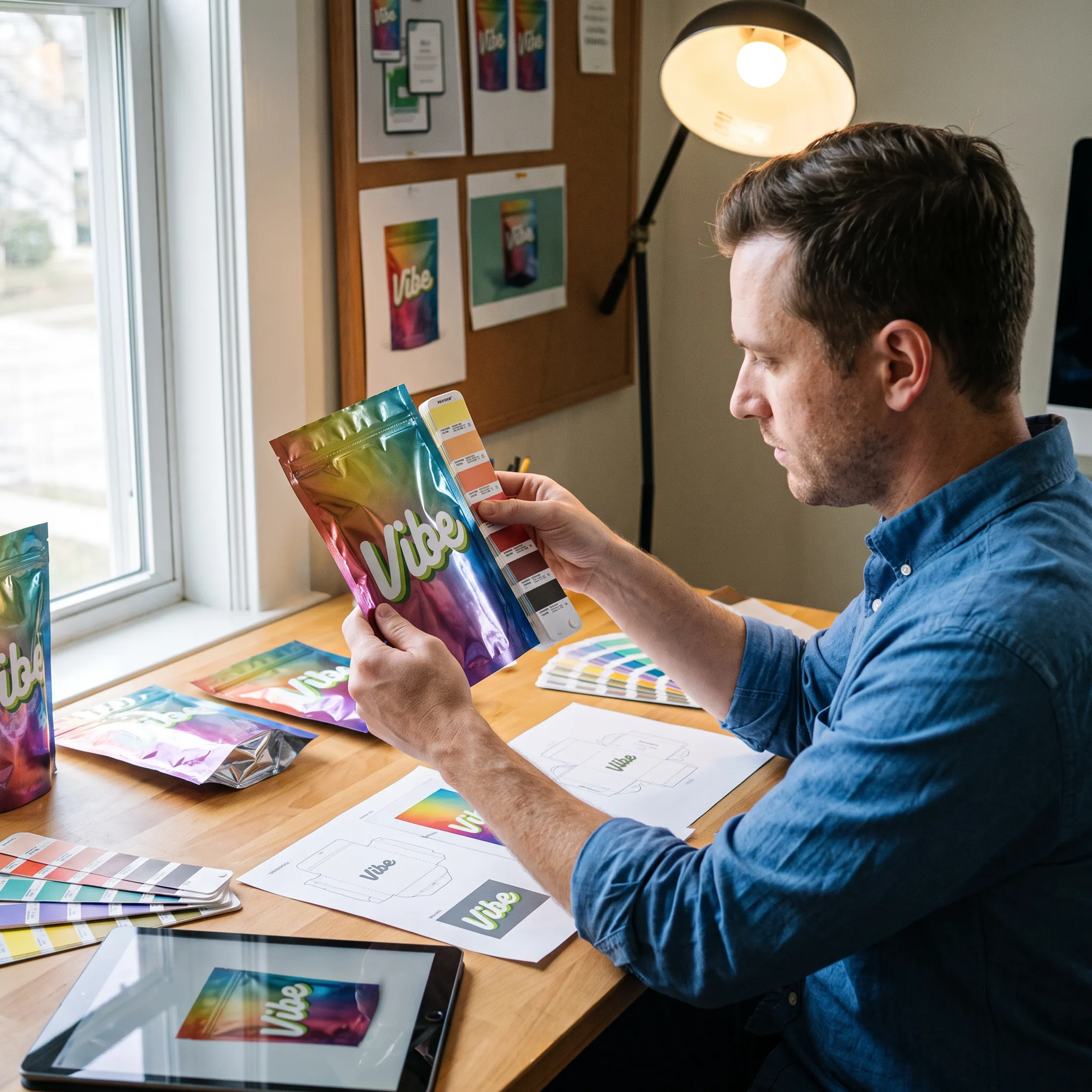 Designer reviewing custom Mylar bag artwork