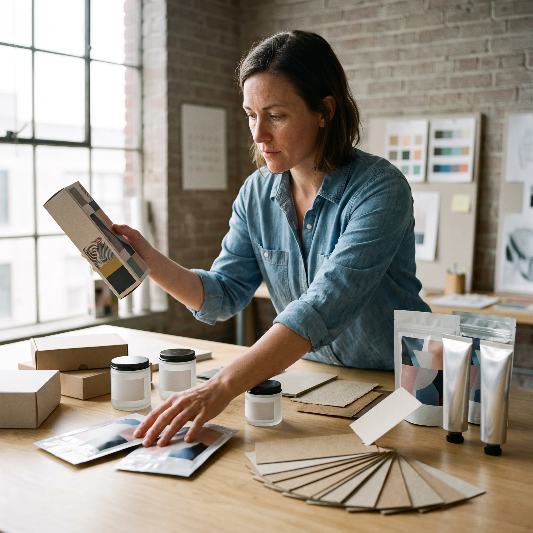 Designer reviewing custom hemp box packaging samples