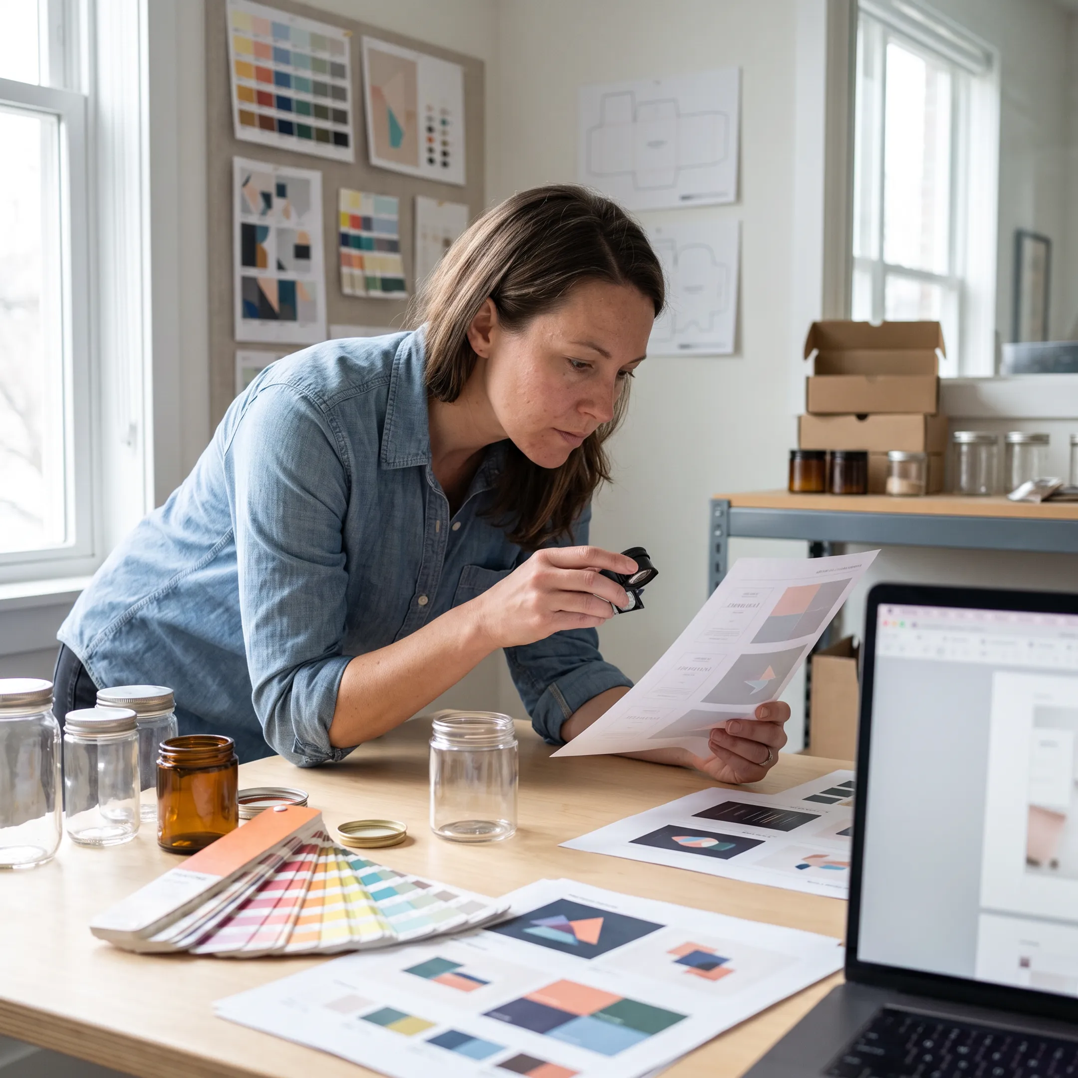 Designer reviewing cannabis jar packaging artwork