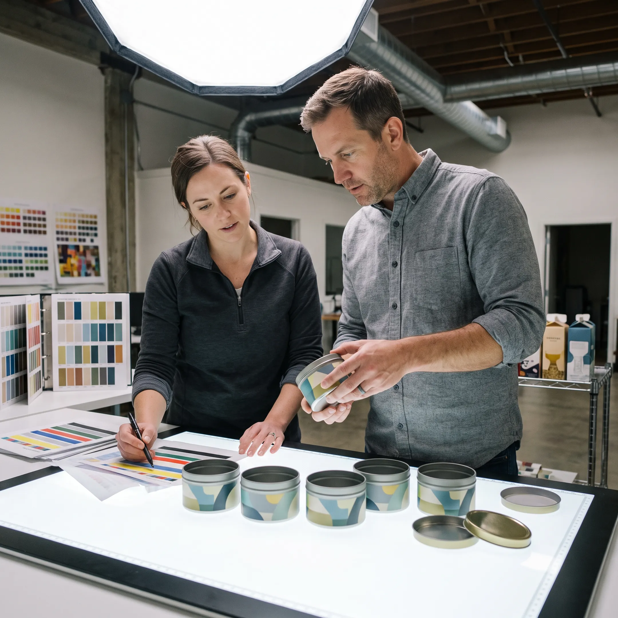 Branded tin packaging being prepared for production