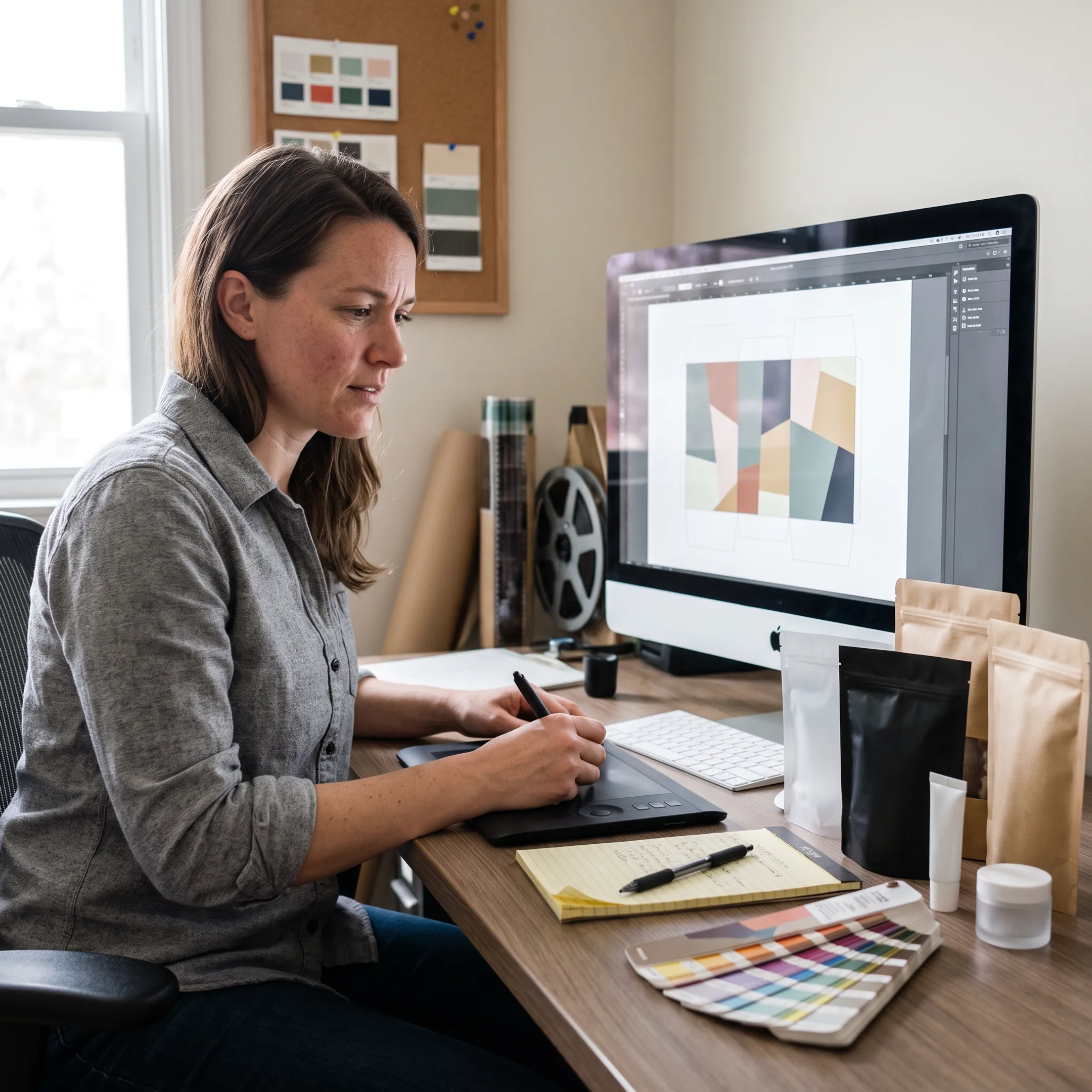Designer reviewing custom Mylar bag artwork