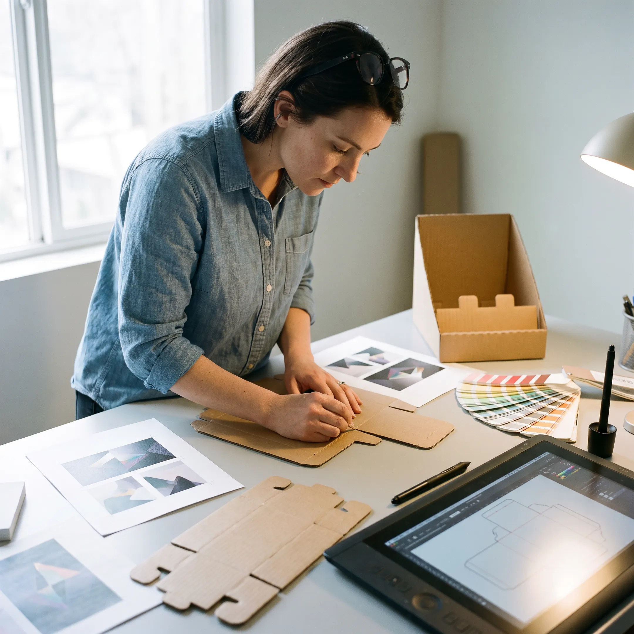 Designer reviewing custom pre-roll display box artwork