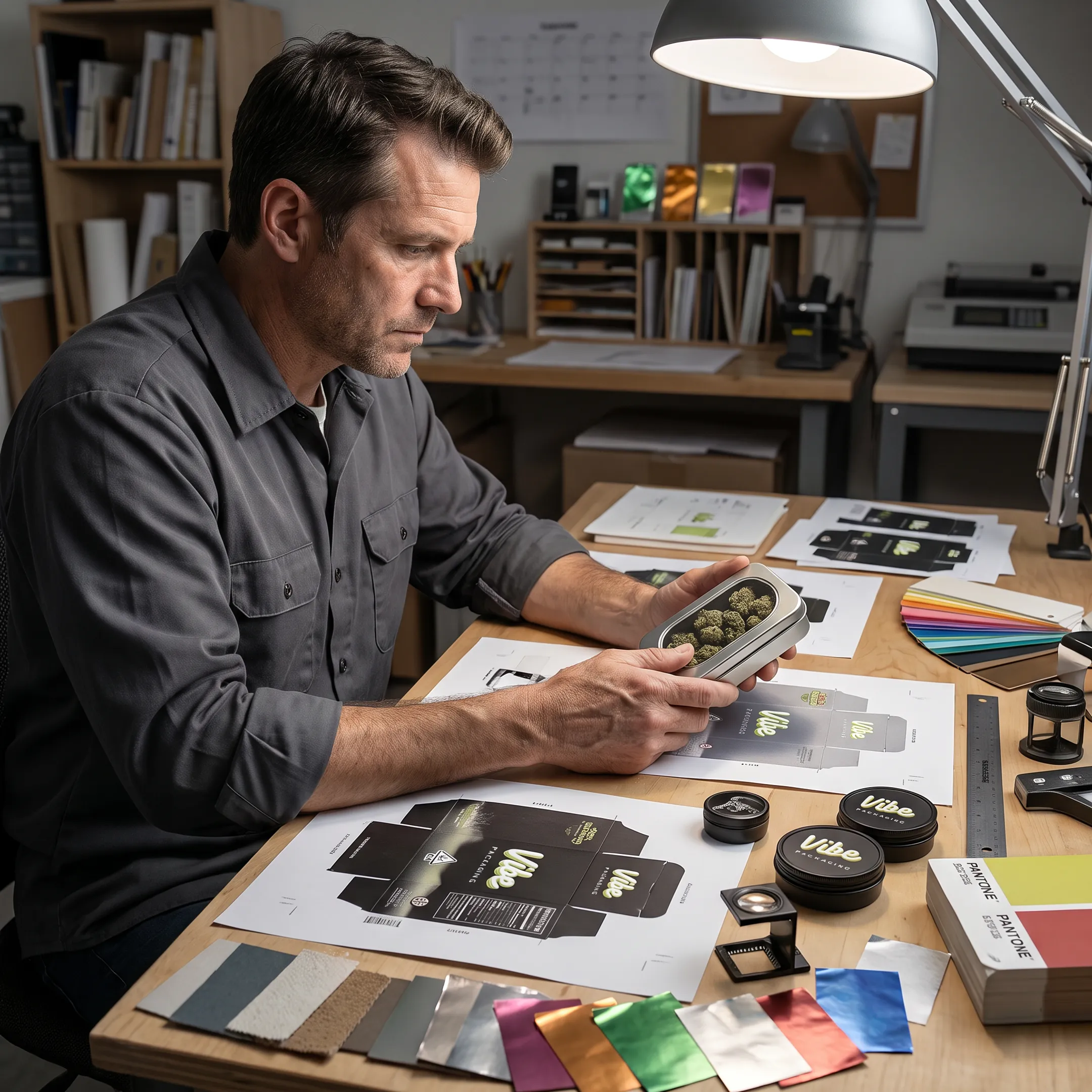Designer reviewing custom cannabis carton packaging