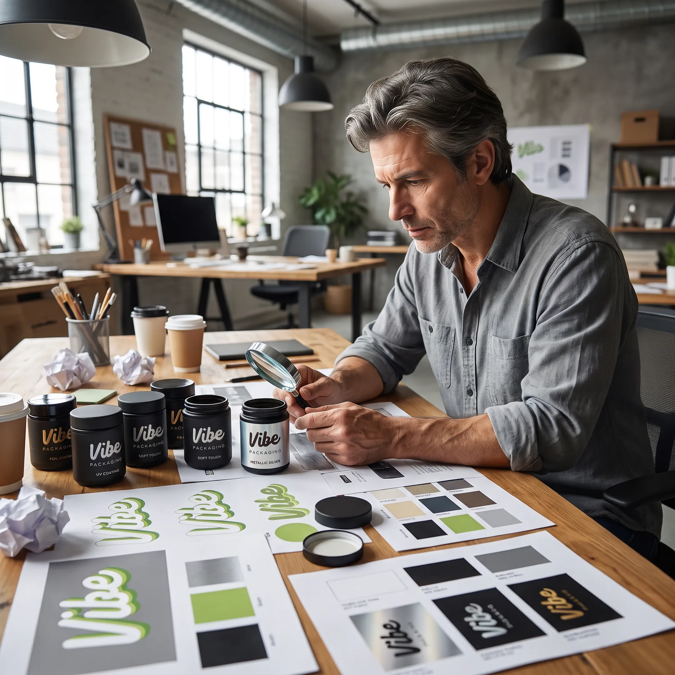 Designer reviewing custom cannabis jar packaging