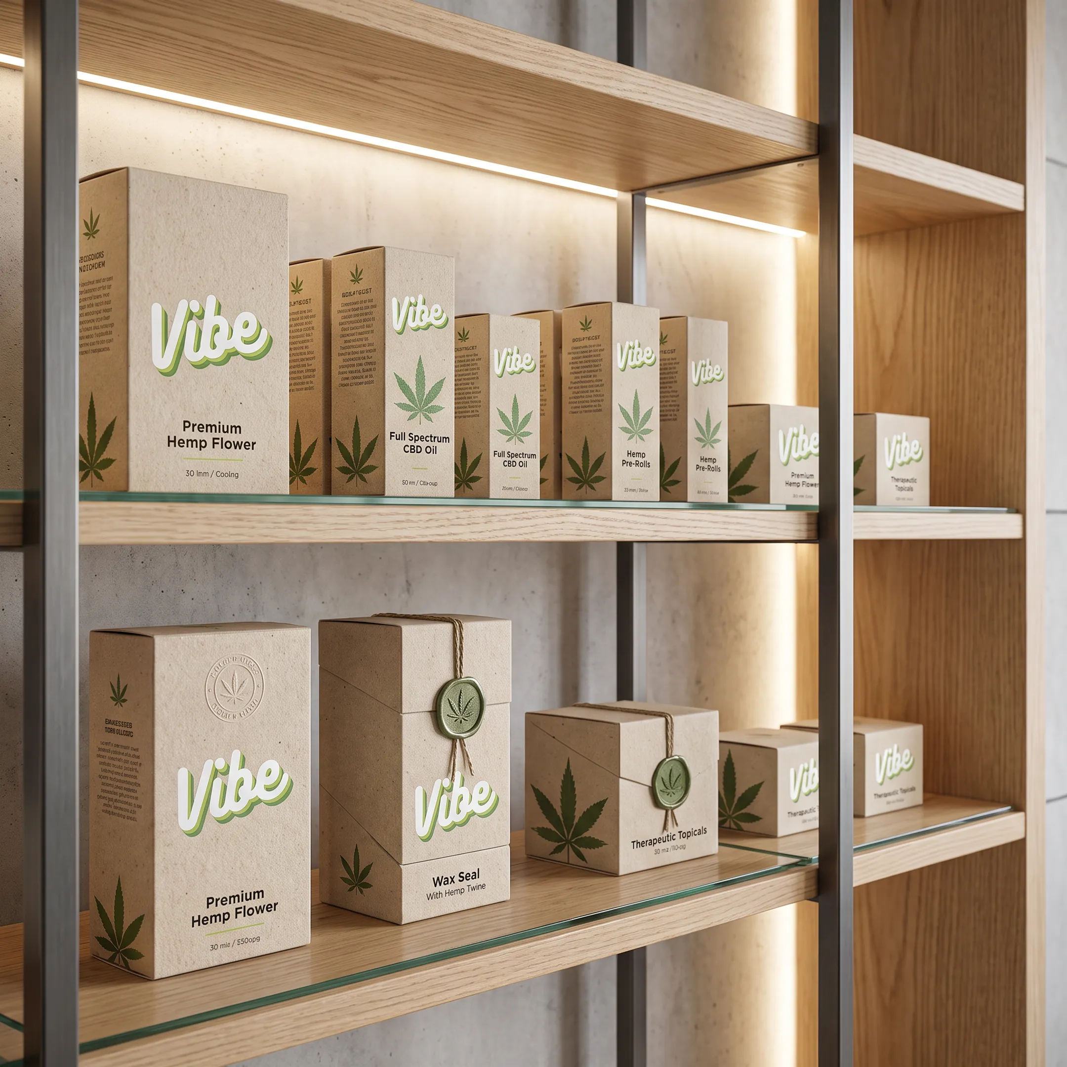 Branded custom hemp boxes displayed on a retail shelf