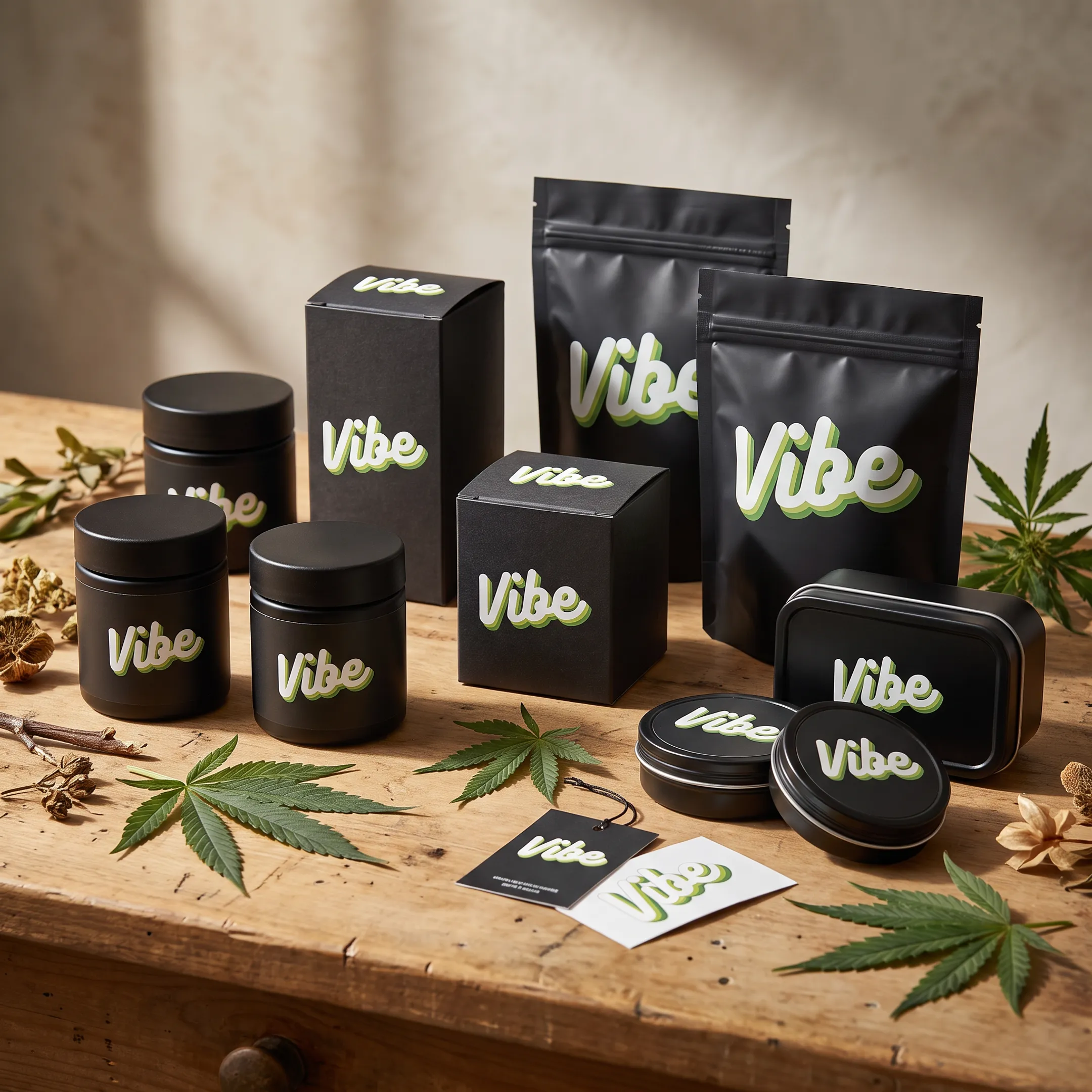 Premium cannabis packaging arranged on a worktable