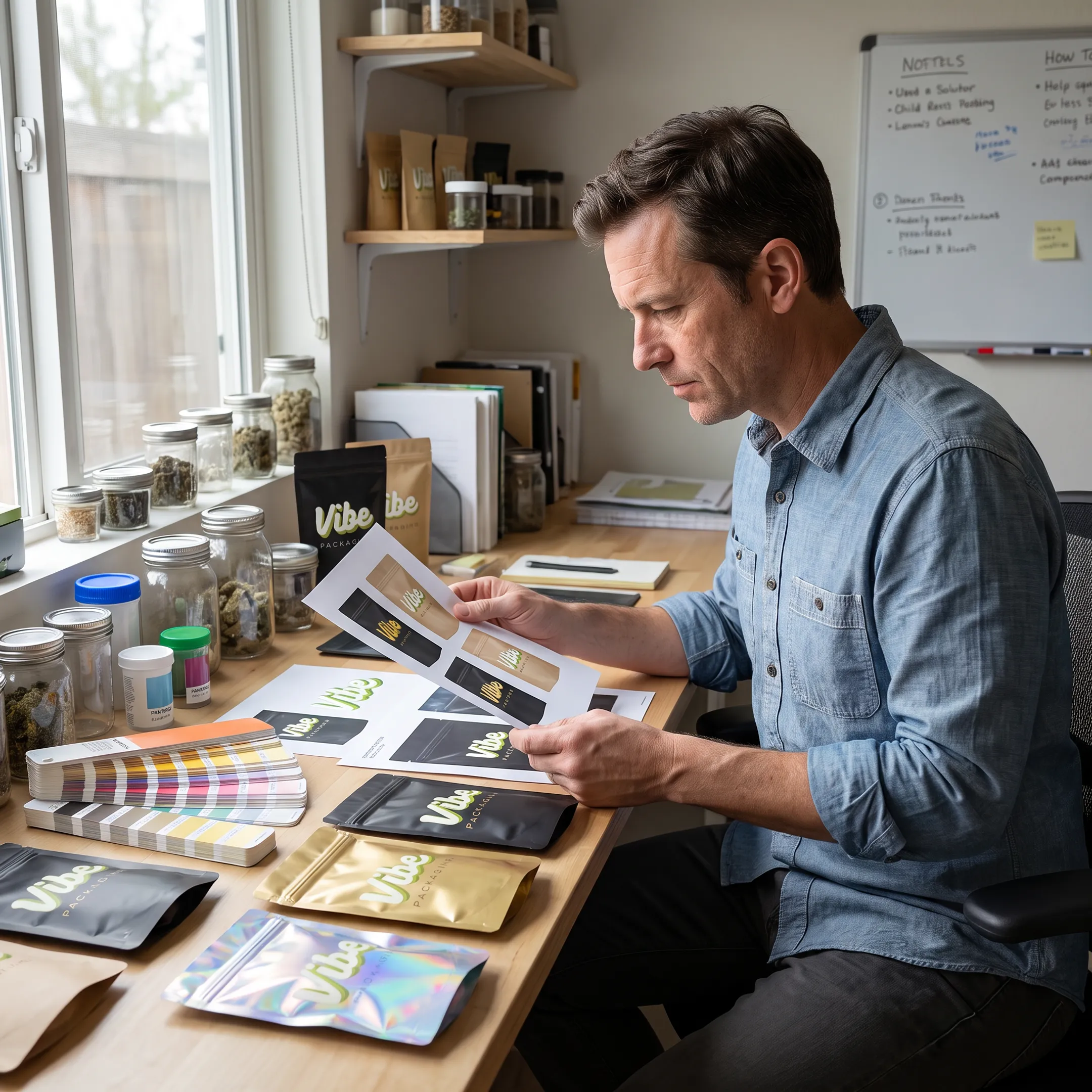 Designer reviewing custom herb pouch packaging