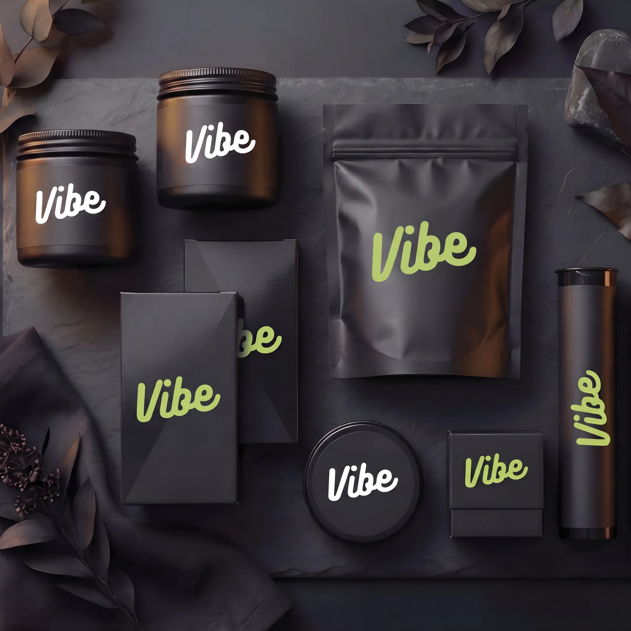 Custom cannabis packaging assortment with branded boxes and jars