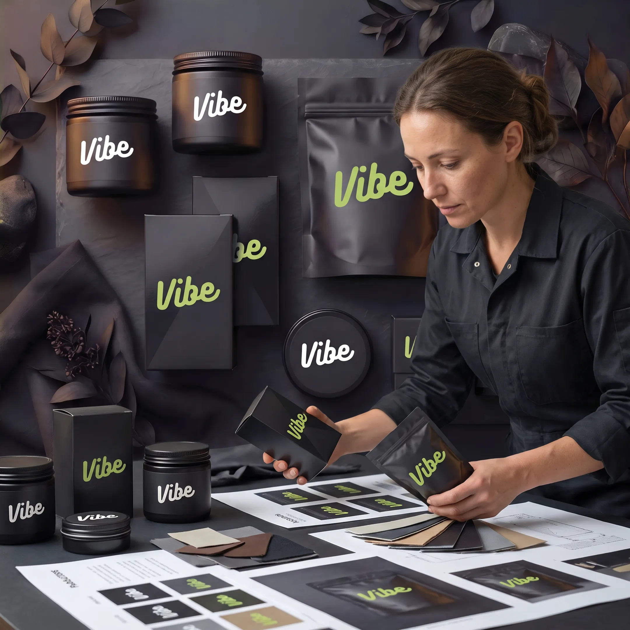 Designer reviewing custom cannabis package samples