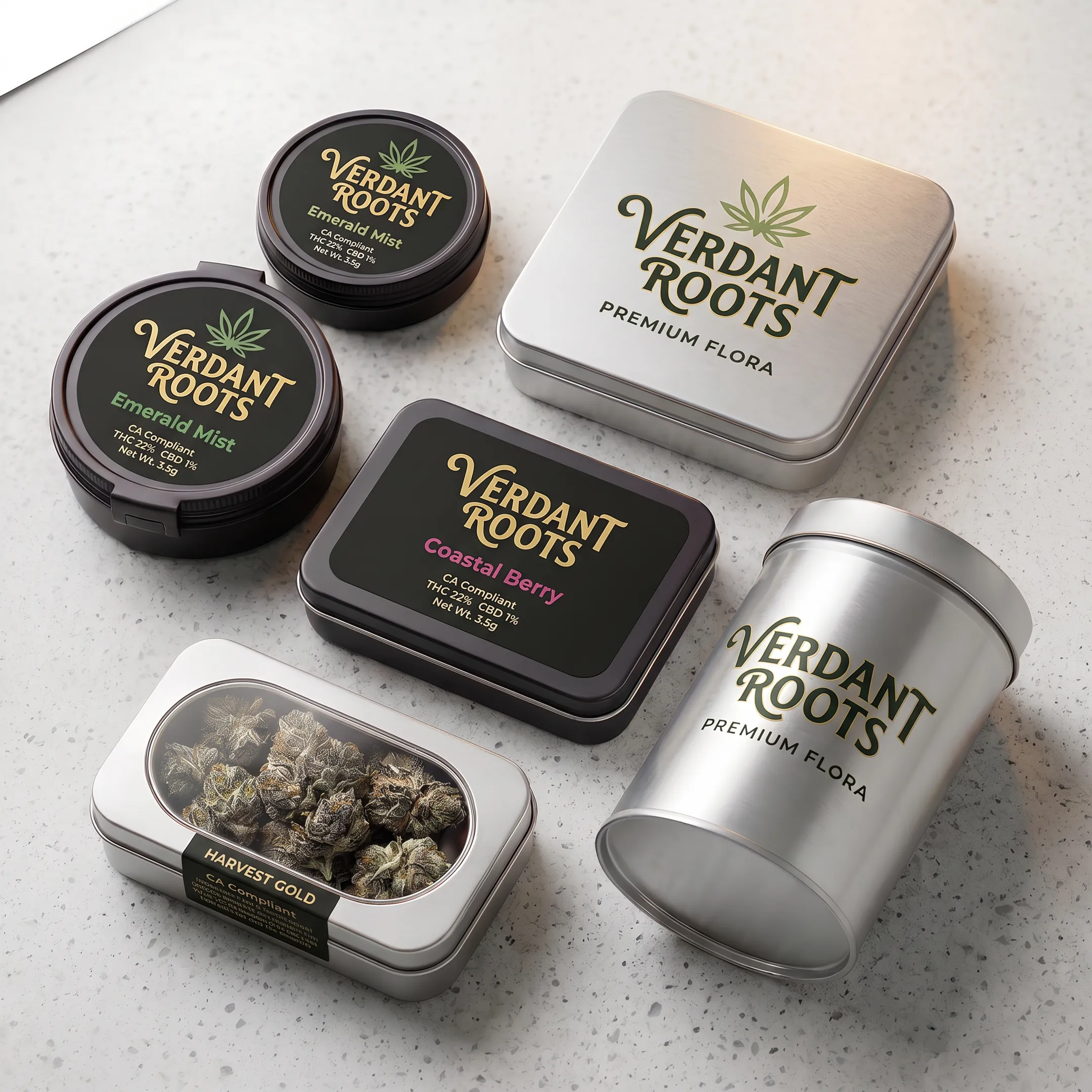 Custom Cali Tin Cans packaging for a cannabis brand
