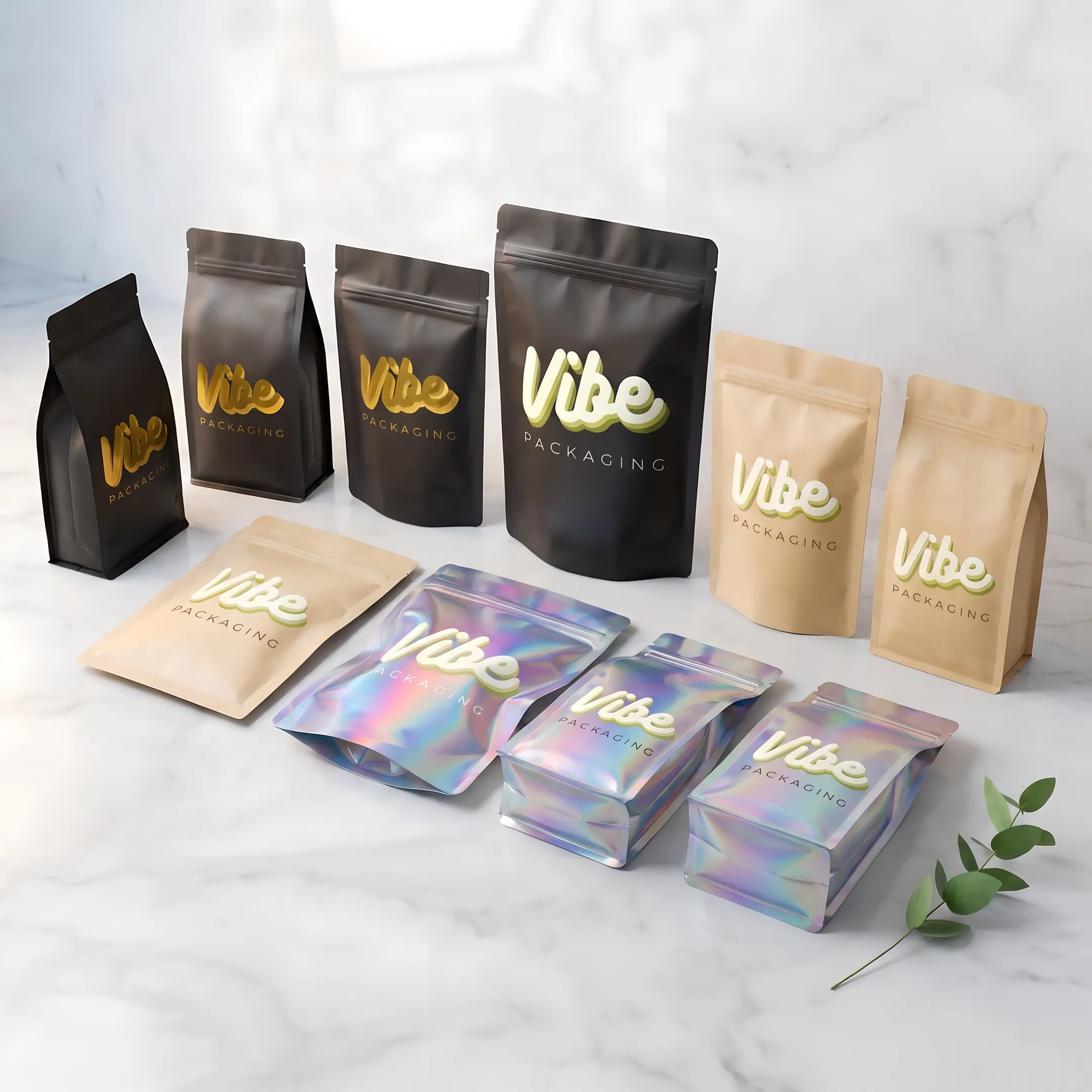 Custom shape Mylar bags displayed for a cannabis packaging brand
