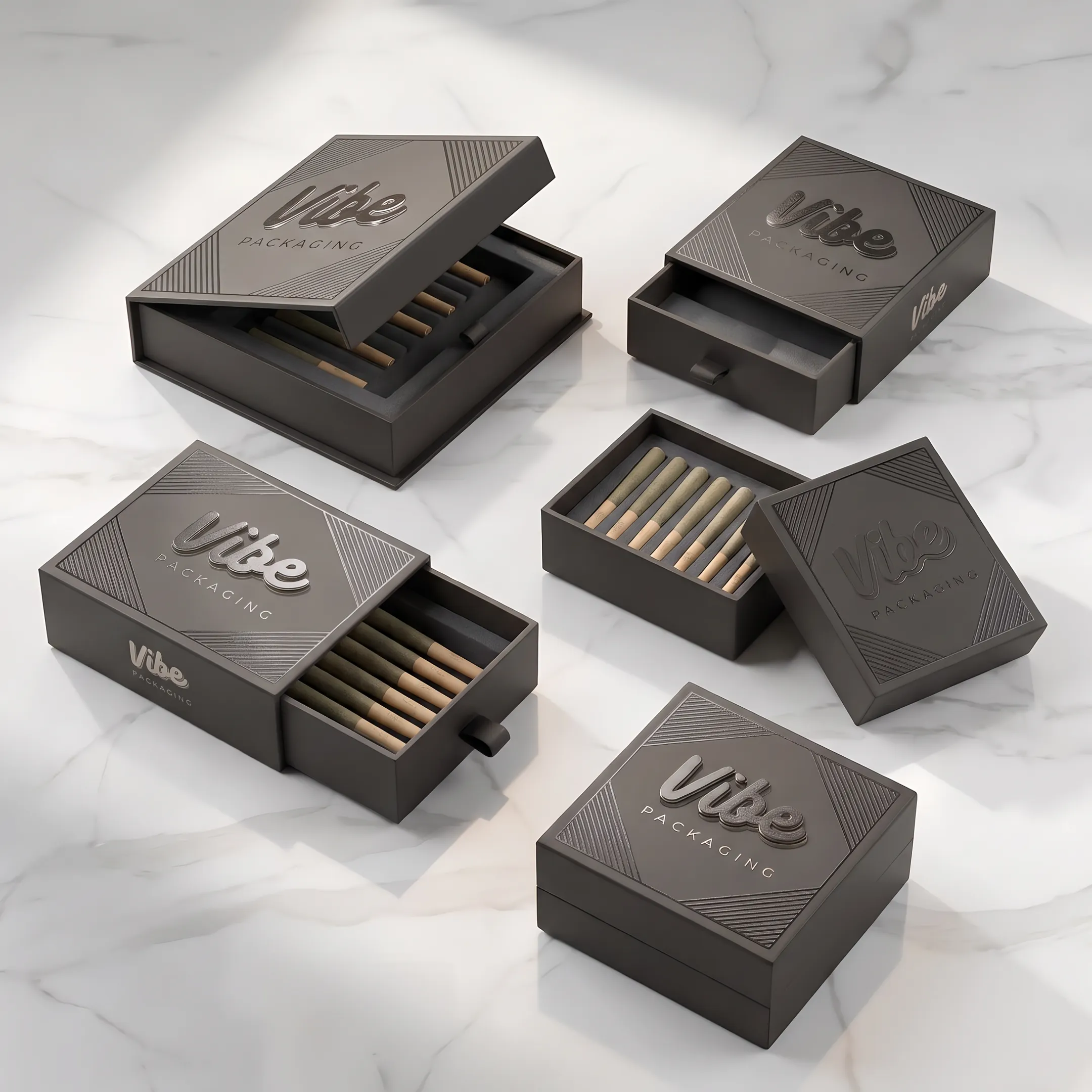Custom pre-roll display boxes arranged for a cannabis brand presentation
