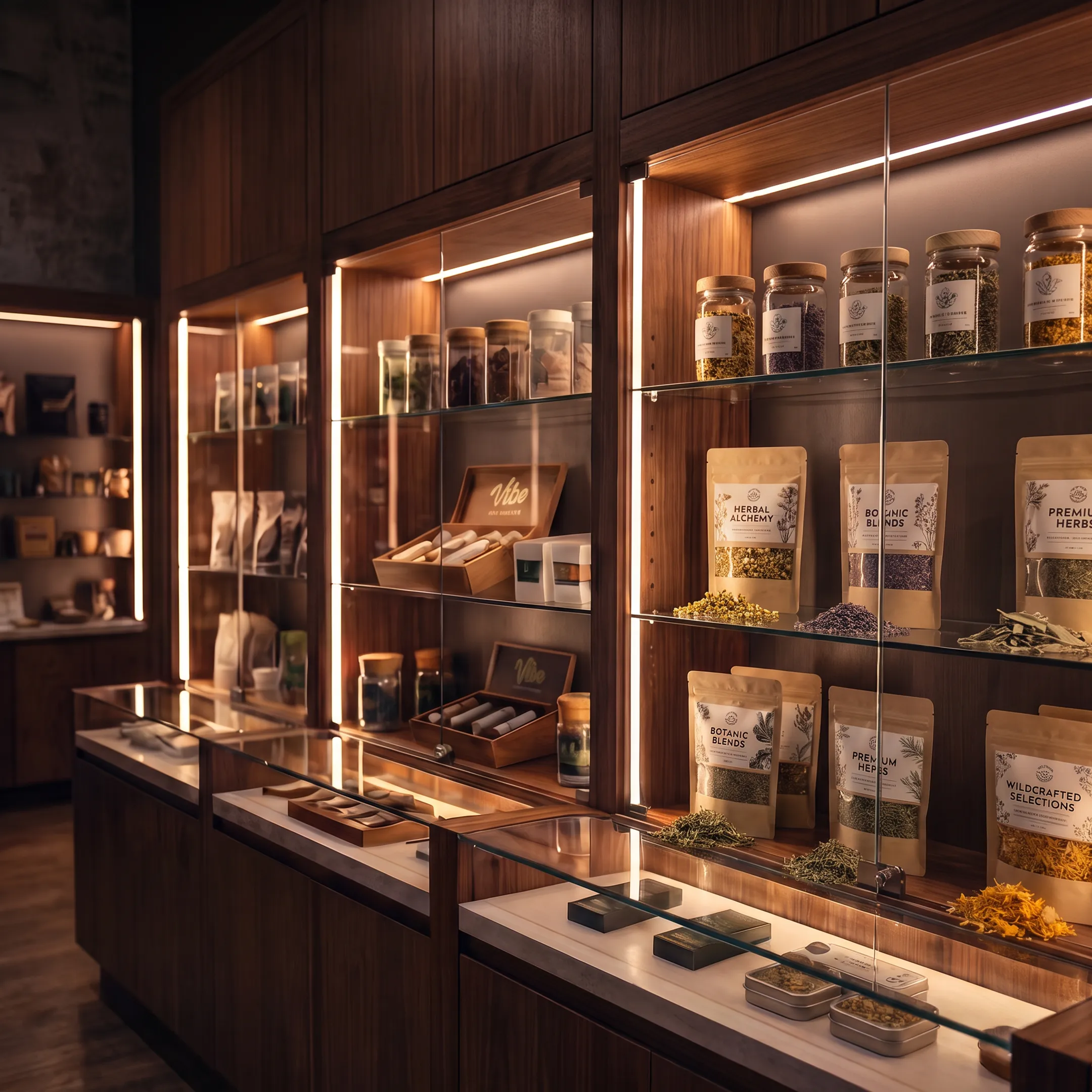 Custom herb packaging containers and pouches displayed with botanical products