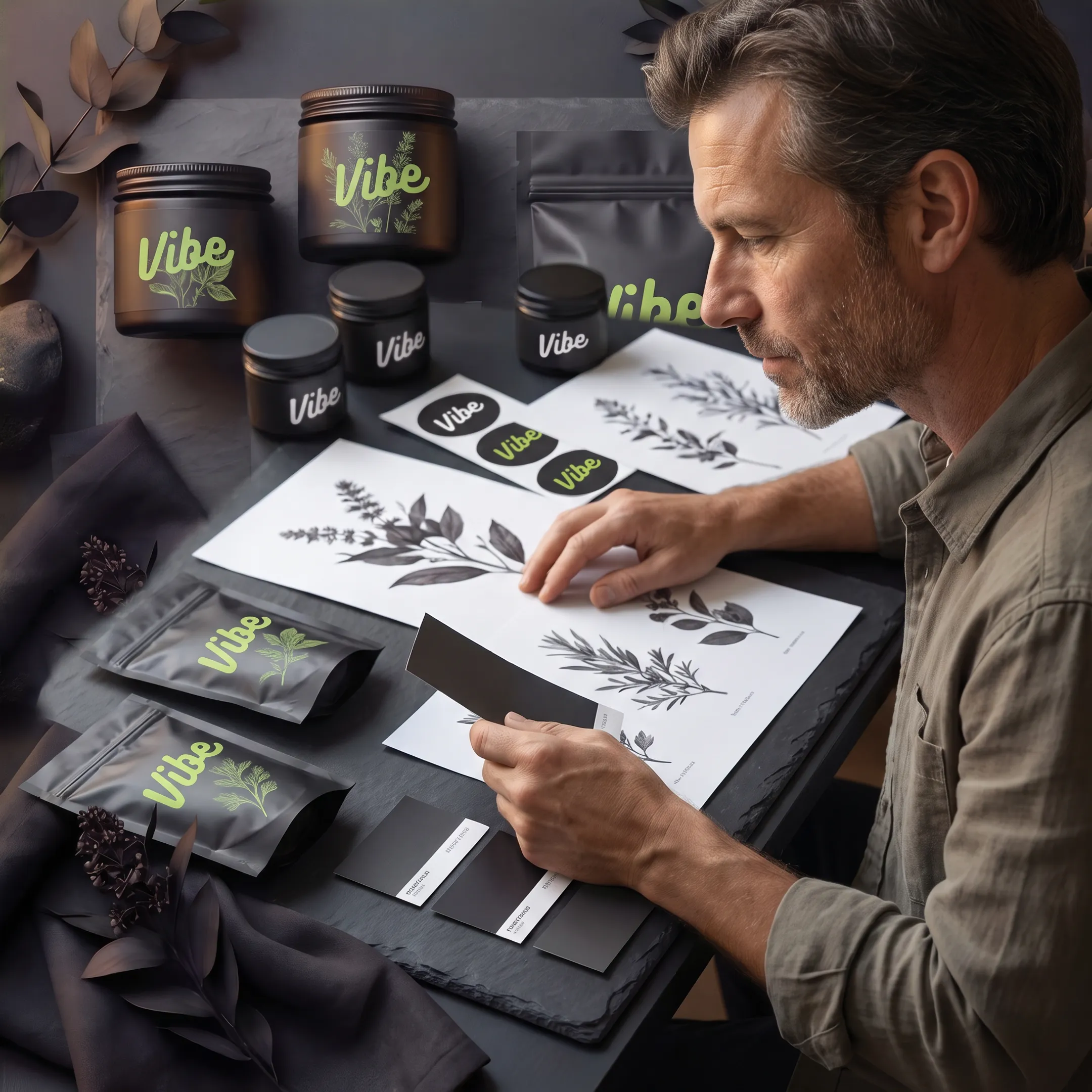 Designer reviewing custom herb pouch and container artwork