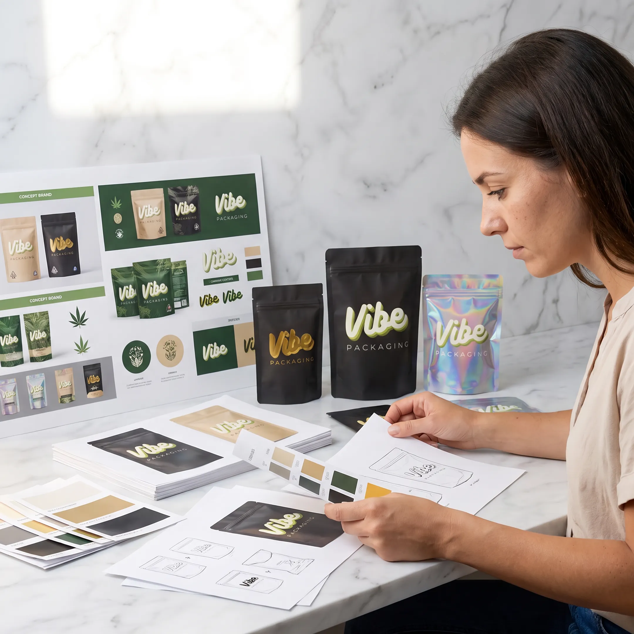 Designer reviewing custom Mylar pouch artwork