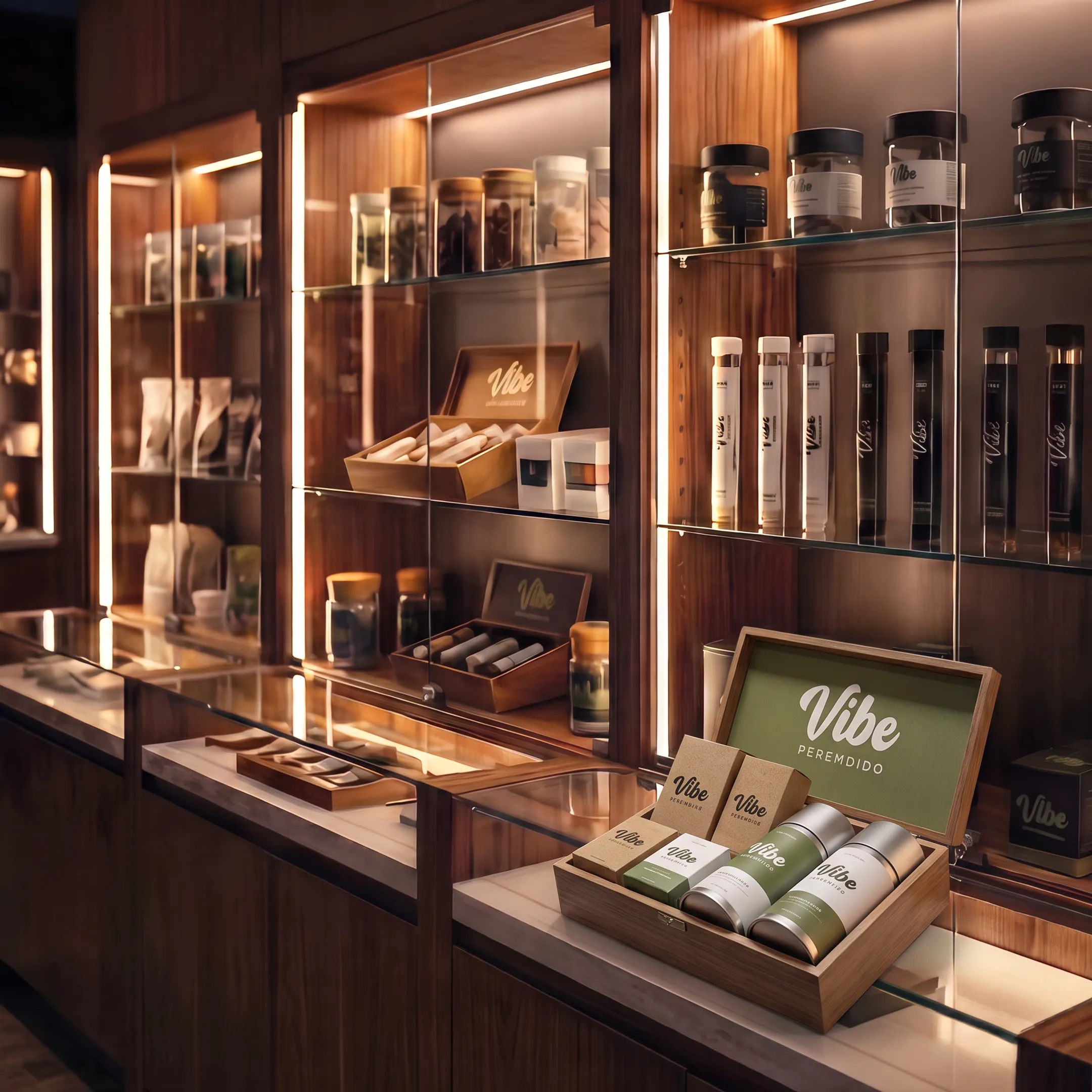 Custom cannabis dispensary retail display box showcasing branded packaged products