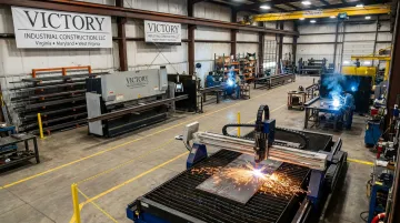 Victory Industrial Construction fabrication shop with CNC cutting and welding equipment