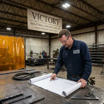 Fabrication team reviewing carbon steel drawings