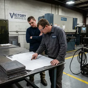 Fabrication team reviewing CAD plans in metal shop