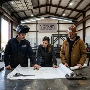 Steel fabricator reviewing drawings near structural beams