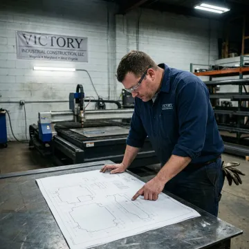 Fabricator reviewing CAD drawings near CNC equipment