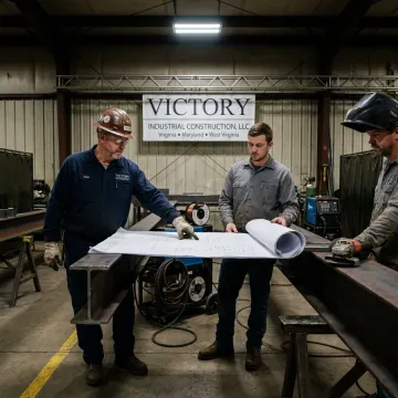 Industrial construction team reviewing steel fabrication plans