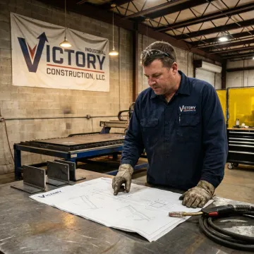 Fabricator reviewing CAD drawings beside CNC cutting equipment