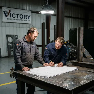Industrial construction team reviewing steel fabrication plans