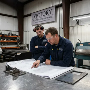 Fabrication team reviewing CAD plans near welded parts