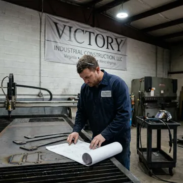 Fabrication technician reviewing CAD drawings near metal parts