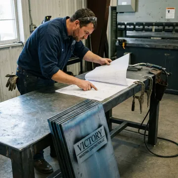 Metal fabrication technician reviewing drawings near fabricated parts