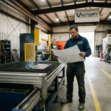 Fabricator reviewing CAD drawings near CNC plasma equipment