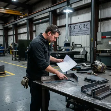 Fabricator reviewing CAD drawings beside metal parts