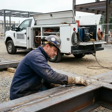 Mobile welder inspecting a metal frame at a jobsite