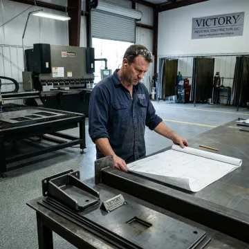 Fabricator reviewing drawings near custom metal parts