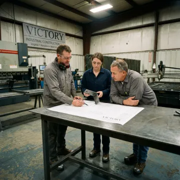 Fabrication team reviewing CAD drawings and metal parts