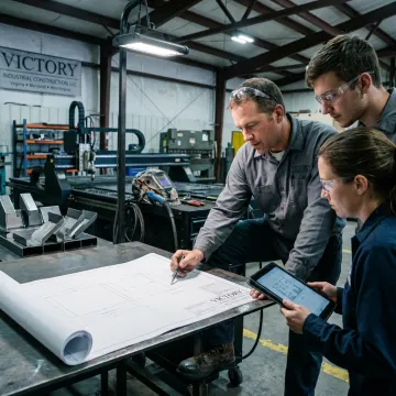 Fabricator reviewing metal part drawings