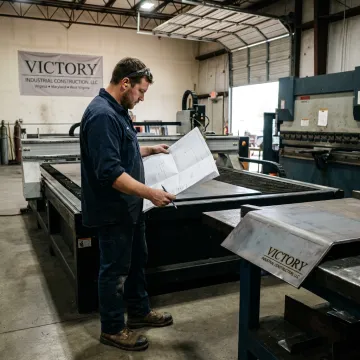 Fabricator reviewing CAD drawings beside formed steel parts