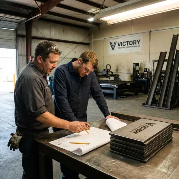 Steel fabrication team reviewing drawings near metal components