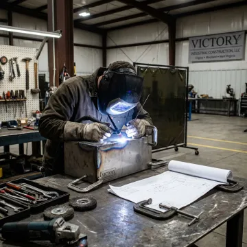 Fabricator welding stainless steel assembly