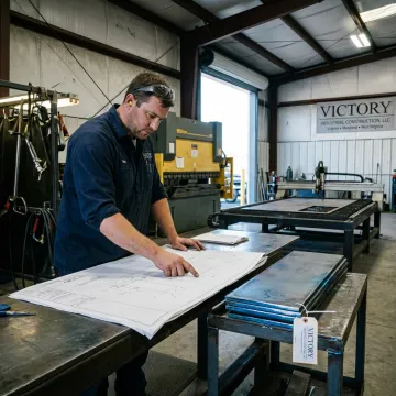 Fabricator reviewing metal fabrication drawings