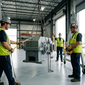 Industrial rigging crew moving heavy machinery