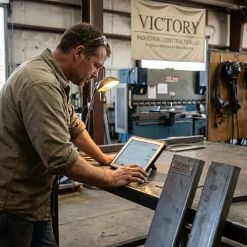 Fabricator reviewing metal fabrication drawings in a workshop