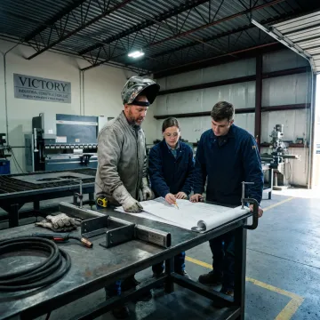 Welders reviewing drawings before fabrication