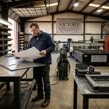 Fabricator reviewing steel parts during fabrication process