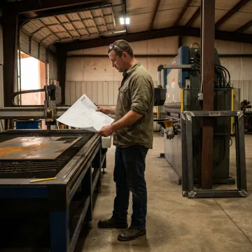 Fabricator reviewing CAD drawings in metal shop
